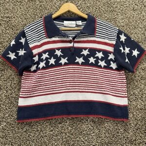 Vintage Passports Pier 1 Americana Knit Polo L Sweater Stars & Stripes Patriotic